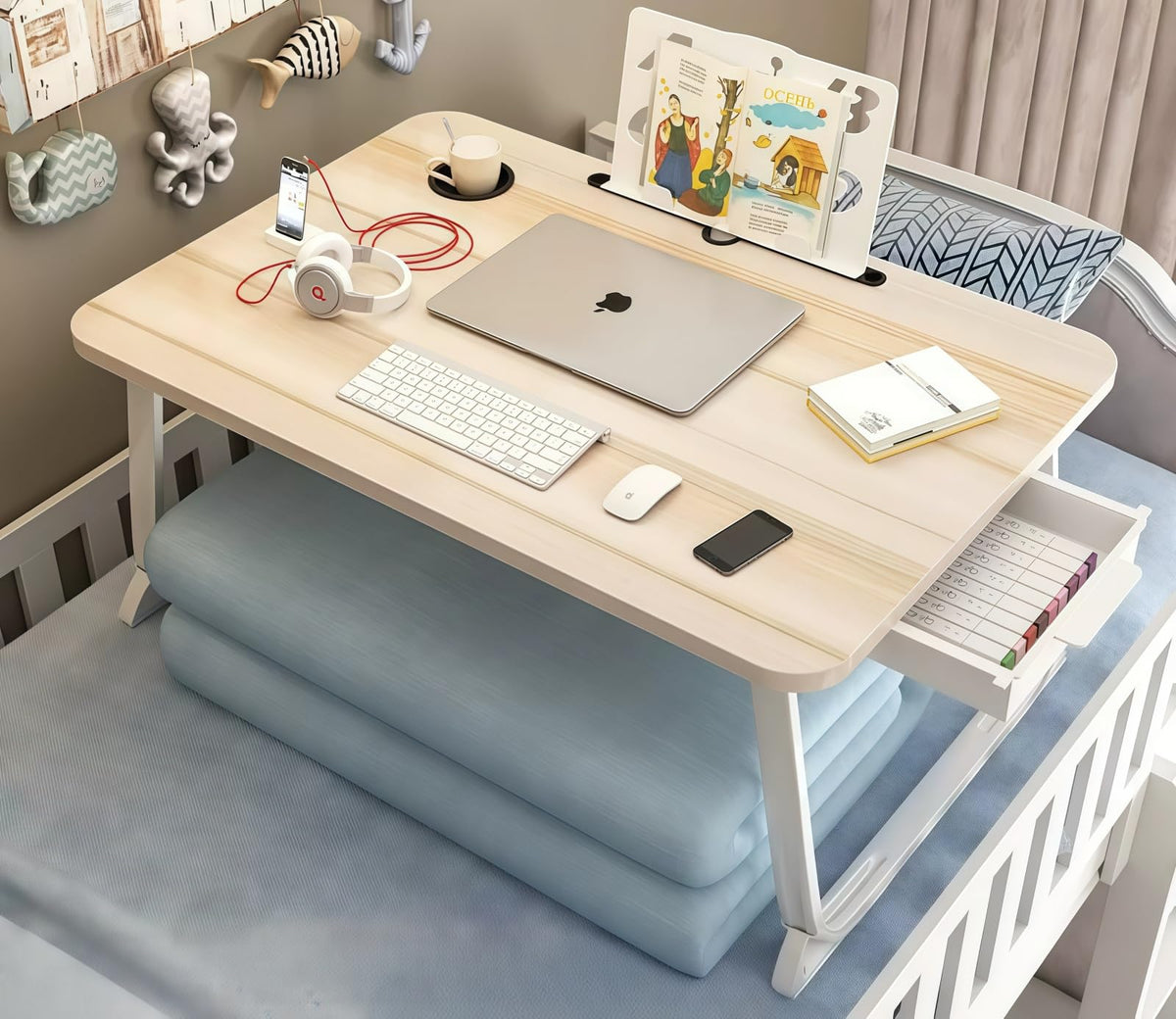 RAKUGEN 折りたたみ ローテーブル 引き出し&タブレット溝付き|40×60cm 木製 コンパクト 一人暮らし ベッド・座卓対応
