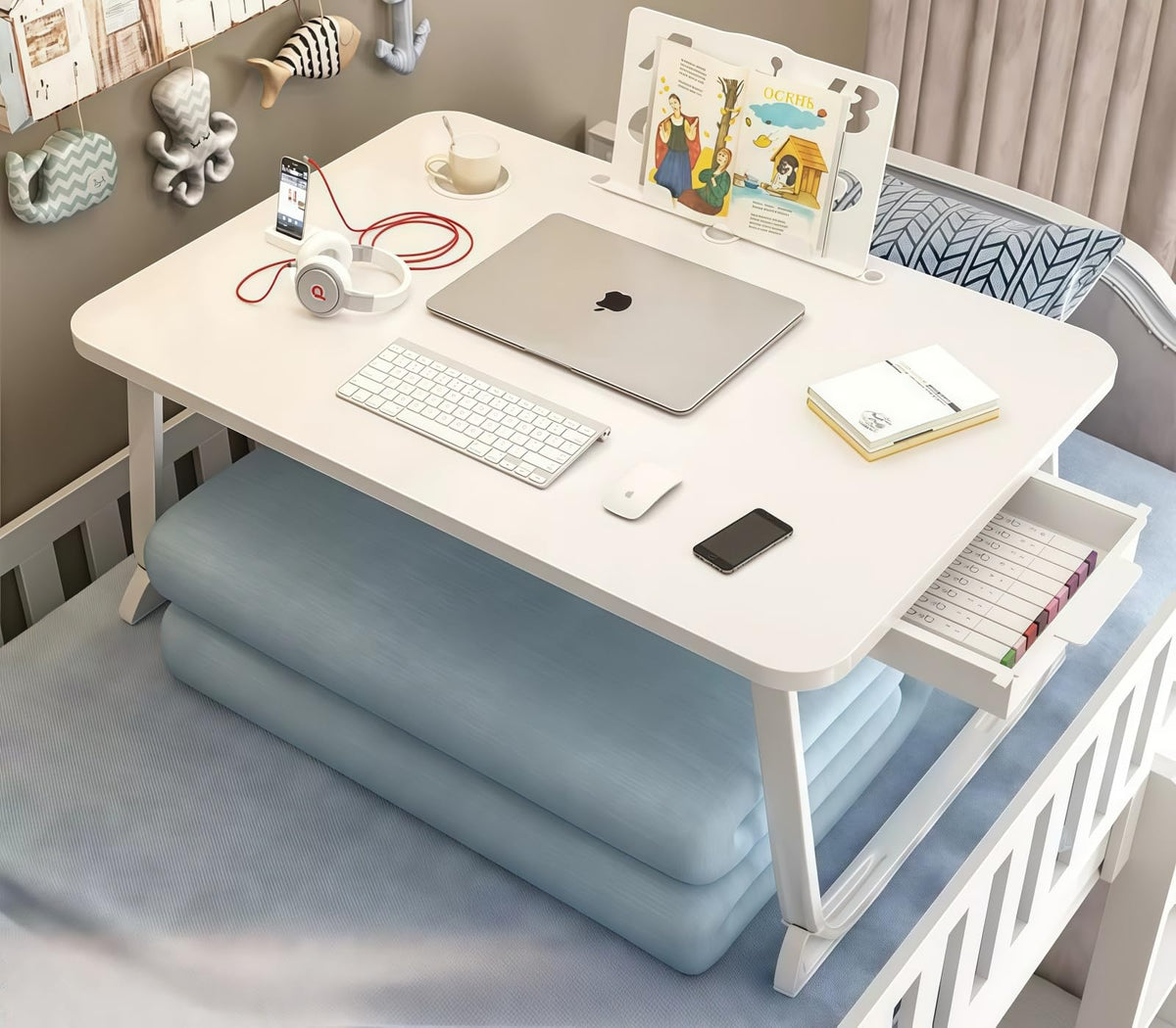 RAKUGEN 折りたたみ ローテーブル 引き出し＆タブレット溝付き｜40×60cm 木製 コンパクト 一人暮らし ベッド・座卓対応