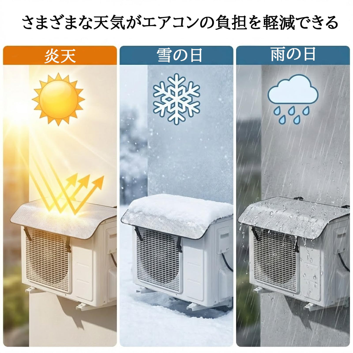 RAKUGEN 室外機カバー エアコン室外機 アルミ遮熱シート 固定ベルト付き 日よけパネル 遮熱 雪よけ 節電 冷暖房効率アップ 太陽光遮断 簡単設