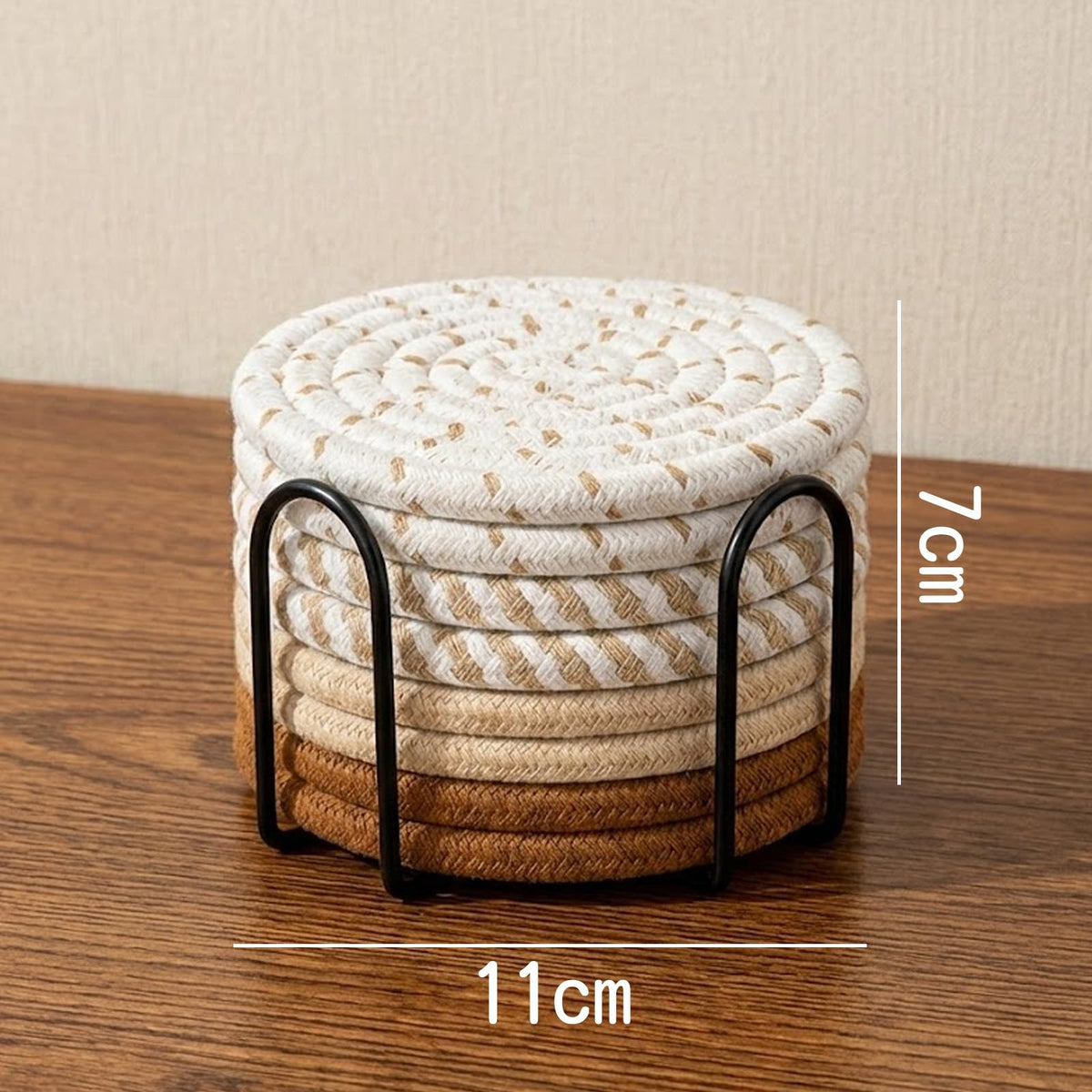 RAKUGEN 丸型コースター 手編み 8枚セット 4色ミックス 断熱 直径10cm メタルホルダー付き コットン使用 モダン 厚めデザイン 天然素材
