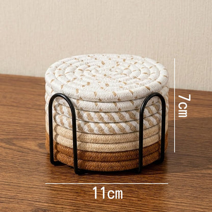 RAKUGEN 丸型コースター 手編み 8枚セット 4色ミックス 断熱 直径10cm メタルホルダー付き コットン使用 モダン 厚めデザイン 天然素材