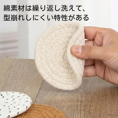 RAKUGEN 丸型コースター 手編み 8枚セット 4色ミックス 断熱 直径10cm メタルホルダー付き コットン使用 モダン 厚めデザイン 天然素材