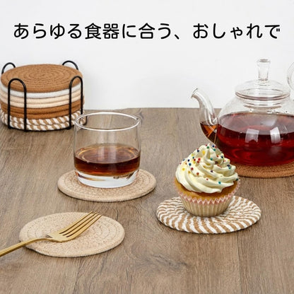 RAKUGEN 丸型コースター 手編み 8枚セット 4色ミックス 断熱 直径10cm メタルホルダー付き コットン使用 モダン 厚めデザイン 天然素材