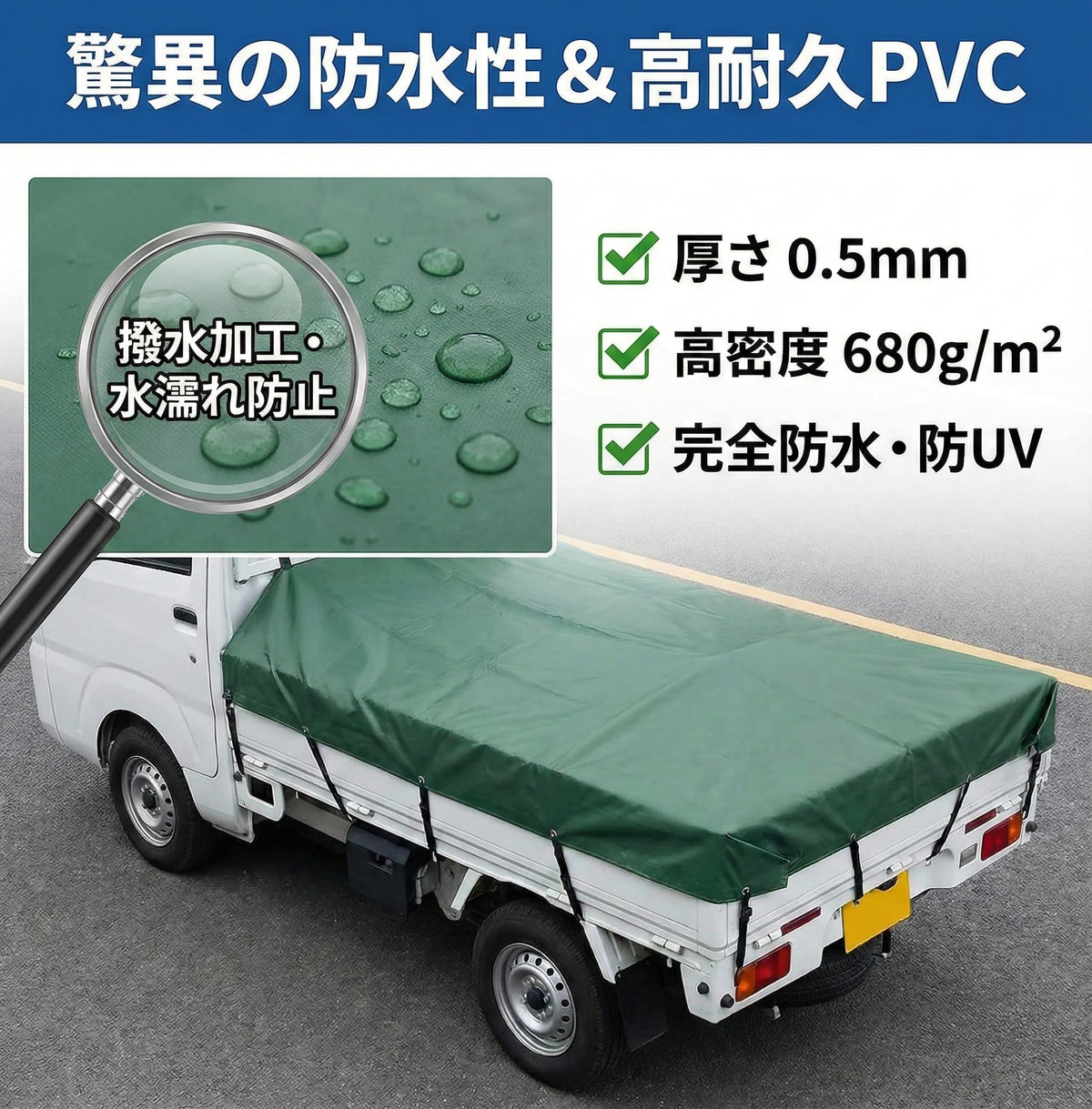 RAKUGEN トラックシート 荷台シート 幌セット 完全防水・防UV｜高密度厚手PVC帆布 固定用ゴムロープ付 軽トラ・小型トラック用