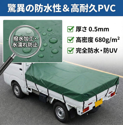 RAKUGEN トラックシート 荷台シート 幌セット 完全防水・防UV｜高密度厚手PVC帆布 固定用ゴムロープ付 軽トラ・小型トラック用