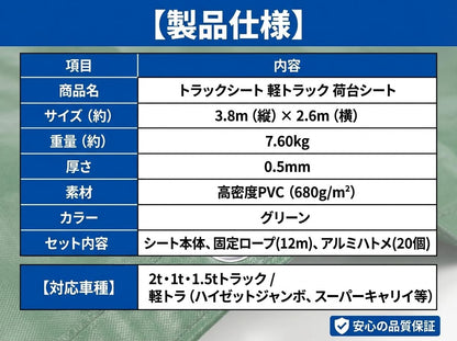 RAKUGEN トラックシート 荷台シート 幌セット 完全防水・防UV｜高密度厚手PVC帆布 固定用ゴムロープ付 軽トラ・小型トラック用