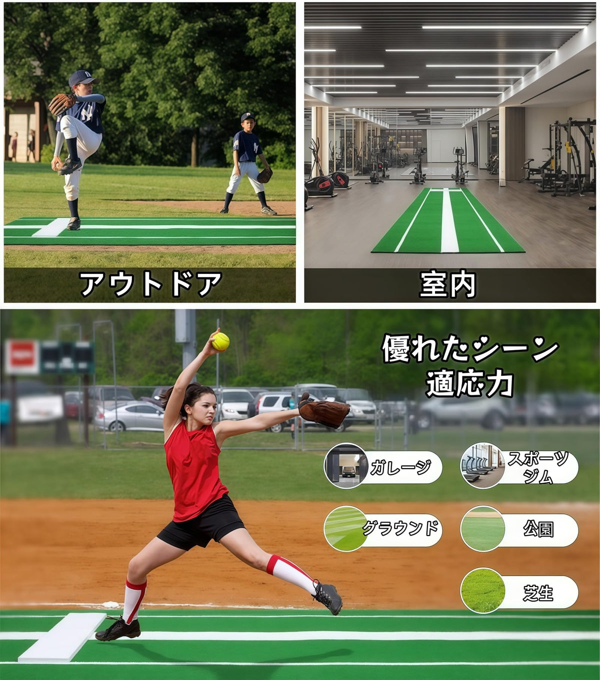 RAKUGEN 野球練習マット ソフトボールピッチングマット 投球練習用 トレーニング補助具 人工芝 ピッチャープレート付き 滑り止め 退色防止 硬式