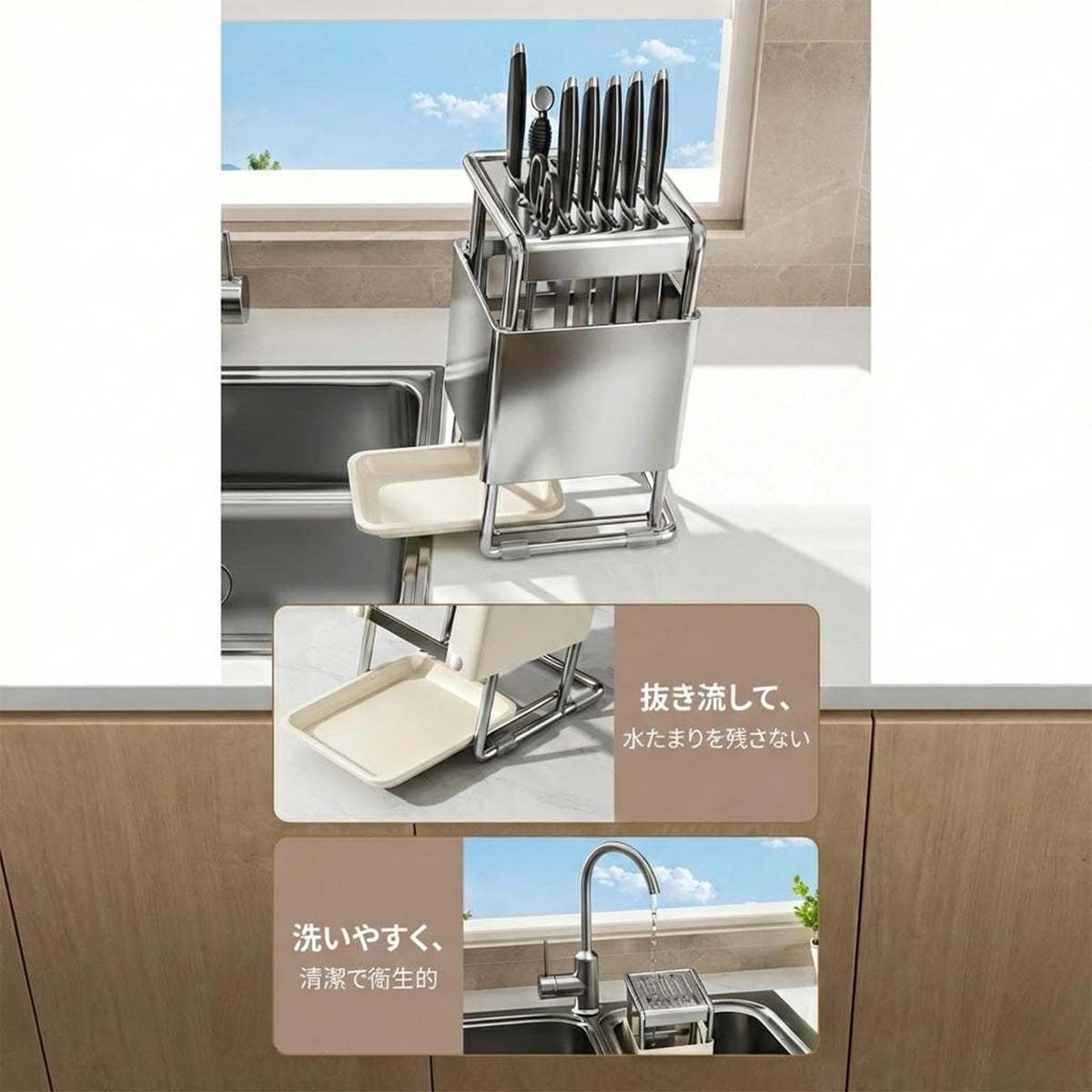 RAKUGEN ナイフブロック 包丁立て 304ステンレス 防錆 耐食性 9本収納 省スペース 衛生的 水受けトレー付き 箸筒付き スリム薄型 キッチ