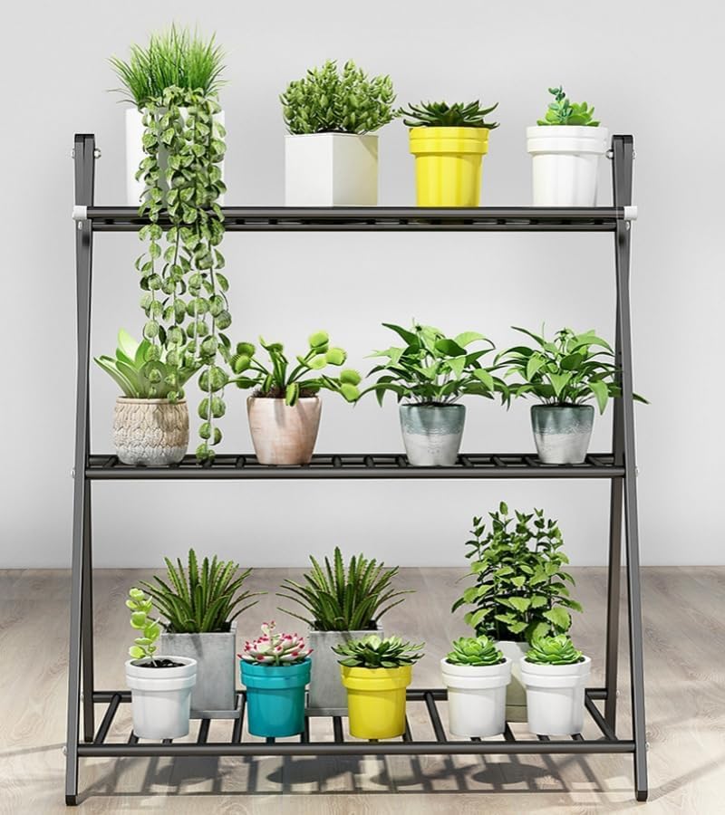 RAKUGEN フラワースタンド 3段 ステンレス製 屋外 室内 観葉植物 花台 60×33.5×82cm 錆びにくい 安定性 玄関 ベランダ 飾り棚