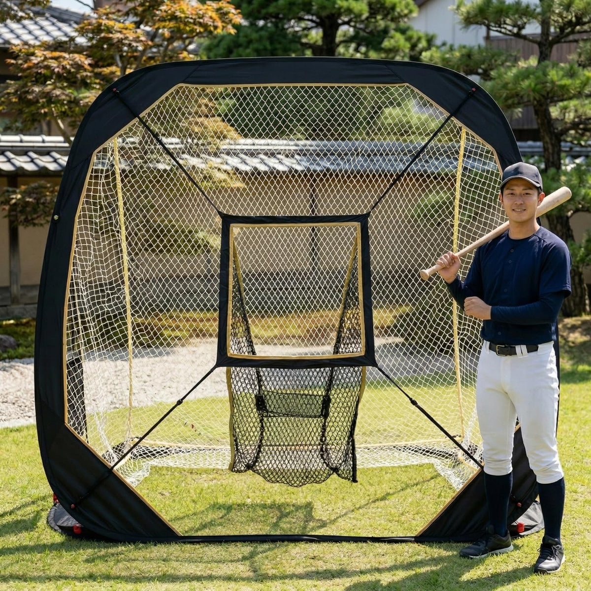 RAKUGEN 野球ネット ポップアップ式 バッティングネット ピッチングネット 防球 自動回収 収納袋付き
