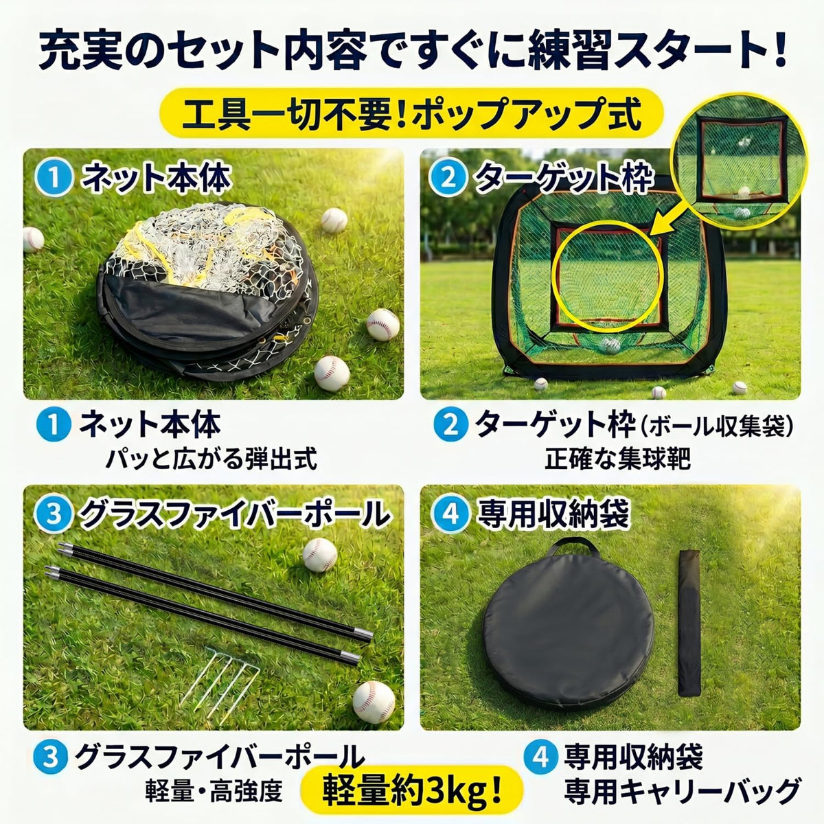 RAKUGEN 野球ネット バッティングネット 1.5×1.5×1.5m 折りたたみ式 軽量 収納袋付き 室内屋外 軟式硬式兼用