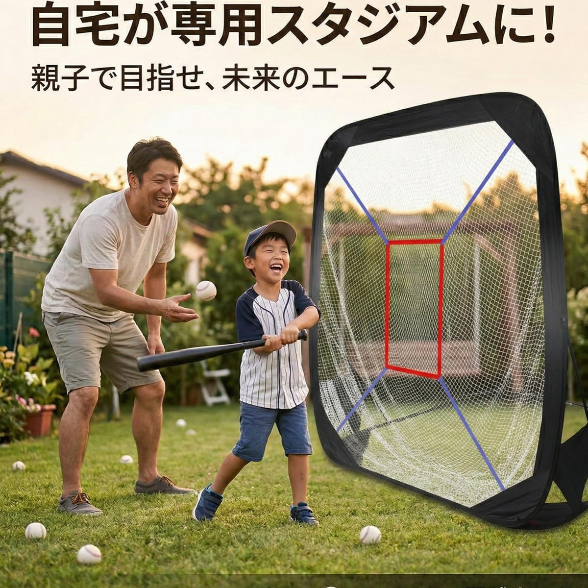 RAKUGEN 野球ネット 2.1×2.1m ポップアップ式 バッティングネット ピッチングネット 防球 収納袋付き