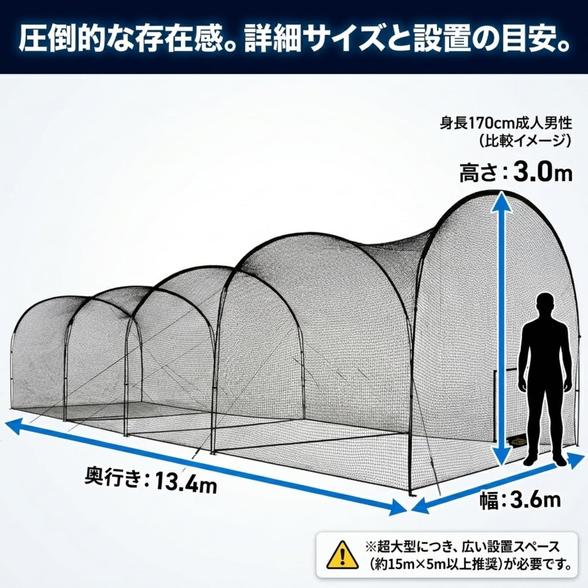 RAKUGEN 野球バッティングゲージ 13.4m×3.6m×3m 大型 バッティングネット 防球ネット 硬式軟式対応 キャリーバッグ付き