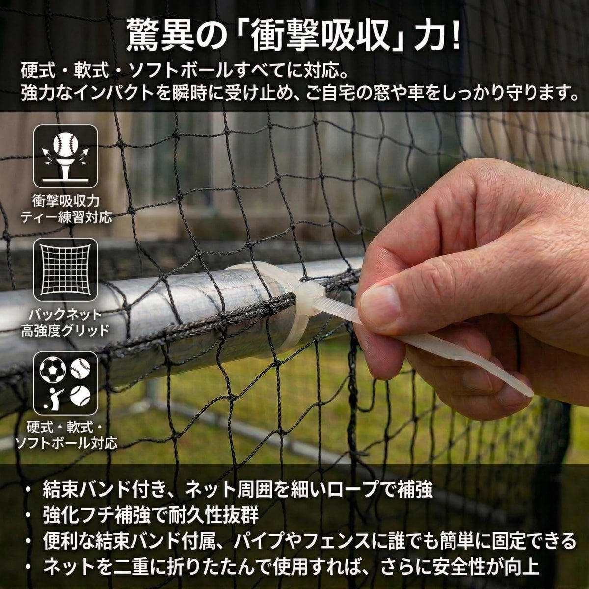 RAKUGEN 野球ネット 防球ネット 取替用ネット単体｜高耐久ポリエチレン 飛散防止 結束バンド付 庭・グラウンド用