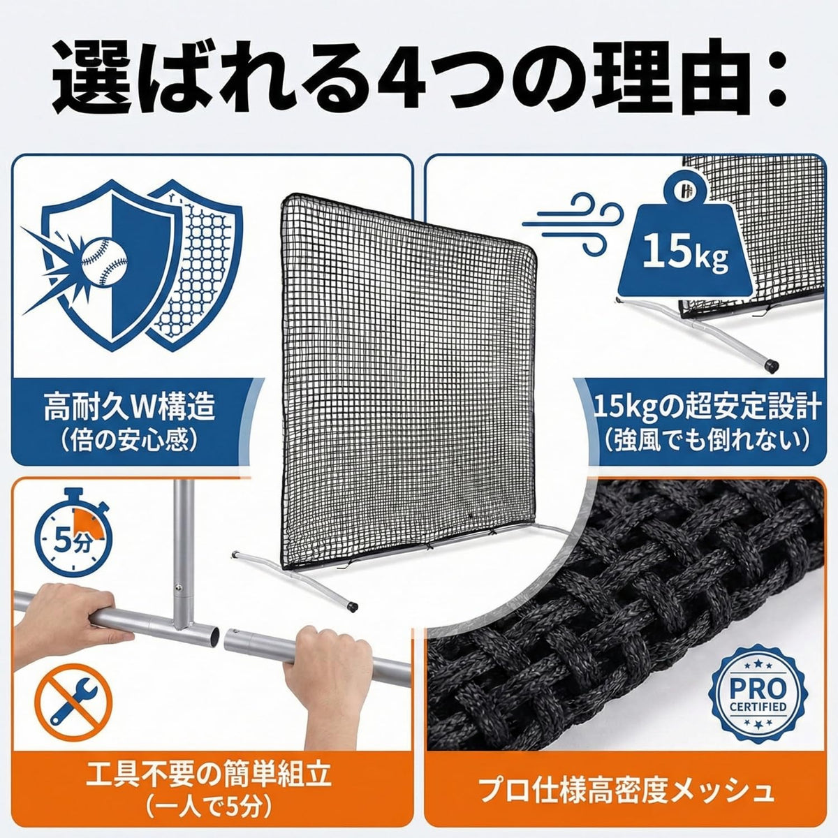 RAKUGEN 野球防球ネット 2.1m×2.1m 防球 防護機能付き 大型 バッティング ピッチング練習兼用 バッティングネット 固定型ト スマシン