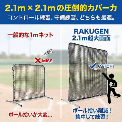 RAKUGEN 野球防球ネット 2.1m×2.1m 防球 防護機能付き 大型 バッティング ピッチング練習兼用 バッティングネット 固定型ト スマシン