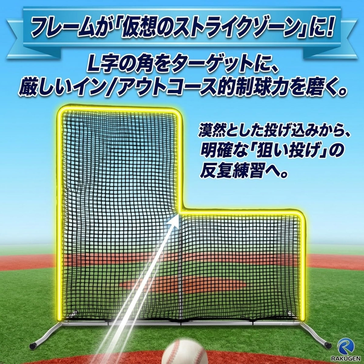 RAKUGEN 野球ネット L型 2.1×2.1m 大型 バッティングネット 防球 投球練習 W構造飛散防止 バッティング練習 トレーニング器具 組み