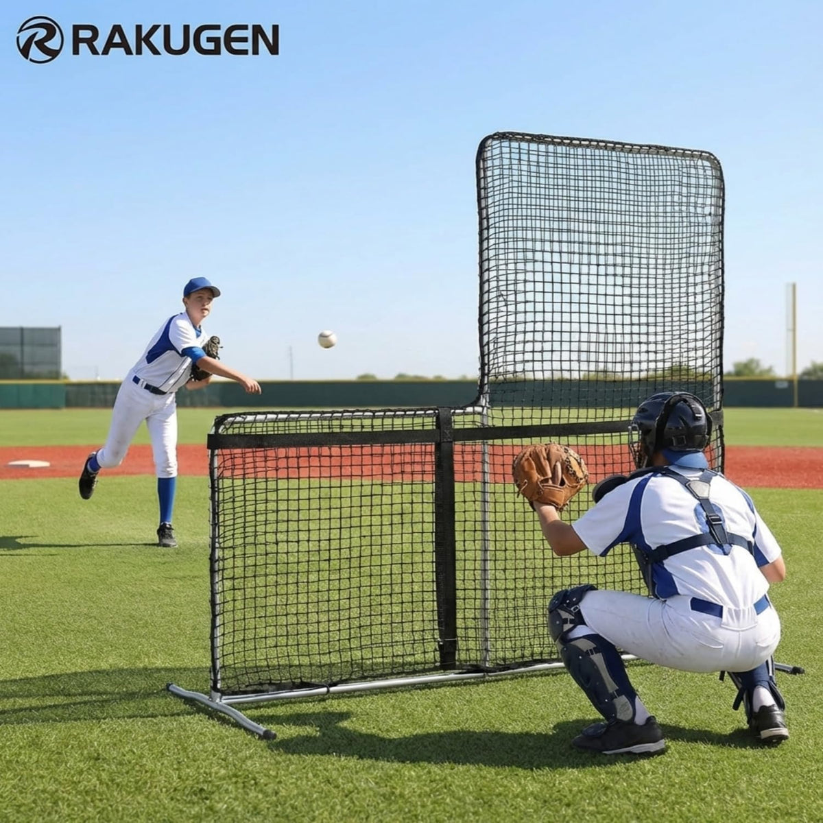 RAKUGEN 野球ネット L型 2.1×2.1m 大型 バッティングネット 防球 投球練習 W構造飛散防止 バッティング練習 トレーニング器具 組み