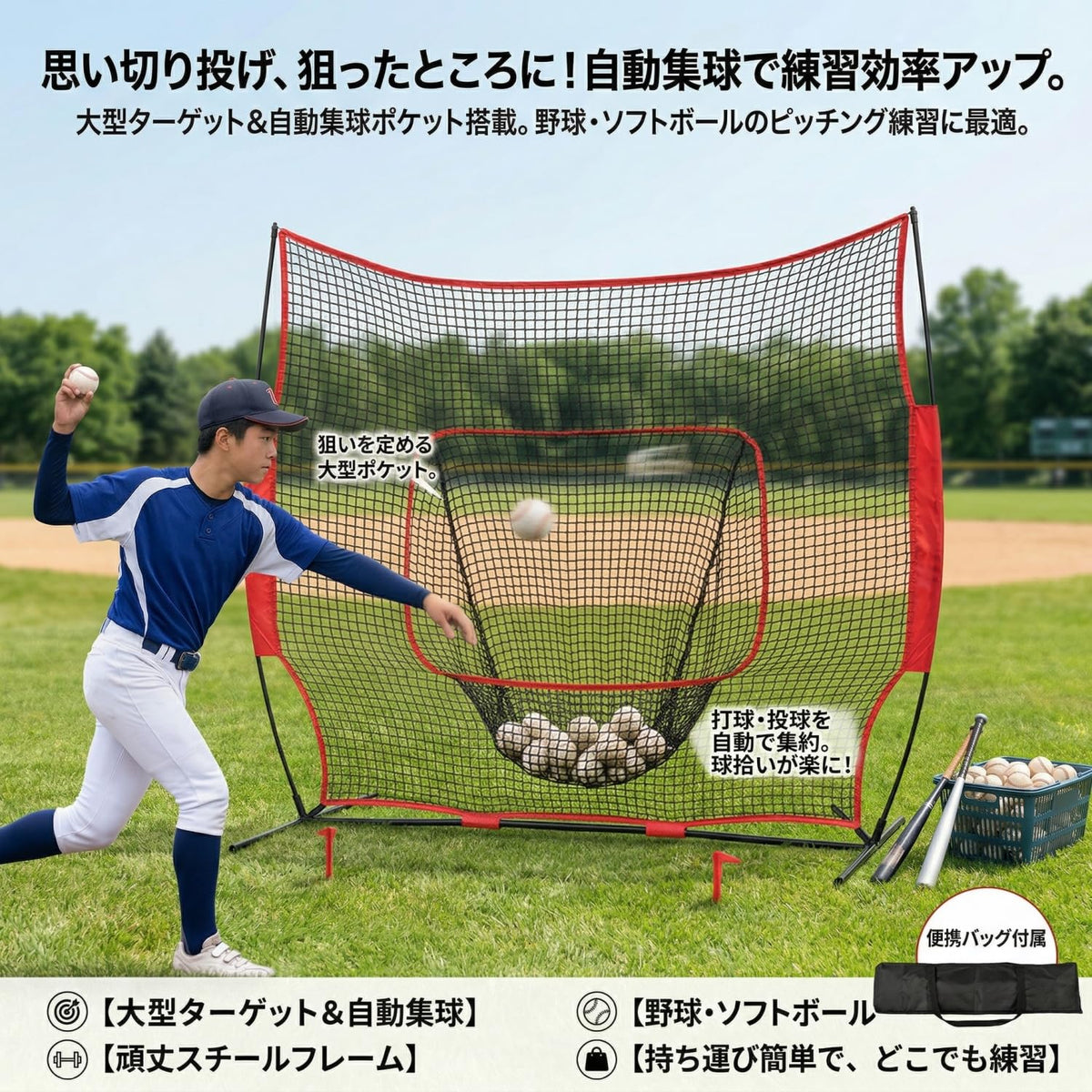 RAKUGEN 野球ネット 2.3m 大型 7点セット バッティングネット 自動集球 ティー バット ボール 収納バッグ付き
