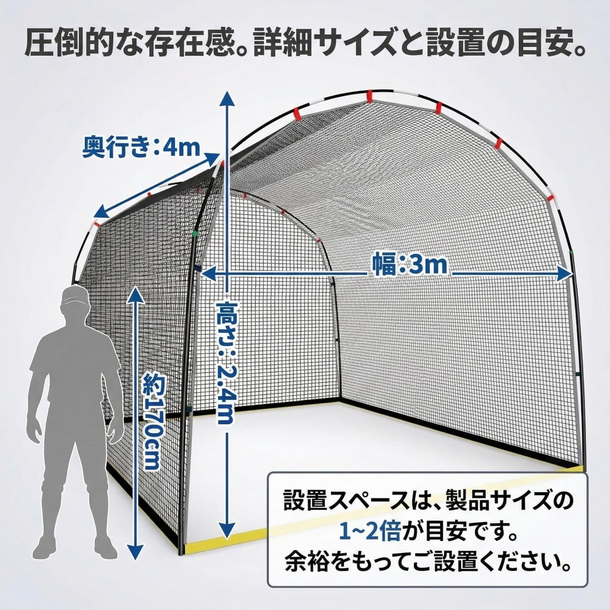 RAKUGEN 野球バッティングゲージ 4m×3m×2.4m 大型 バッティングネット 防球ネット 硬式軟式対応 キャリーバッグ付き