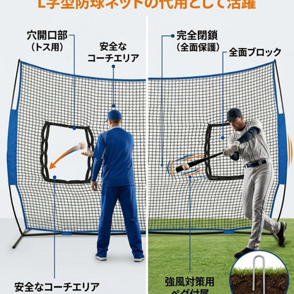 RAKUGEN 野球練習ネット 2.3×2.3m 大型 穴あき仕様 バッティングネット 防球 投球 室内 屋外 収納袋付き