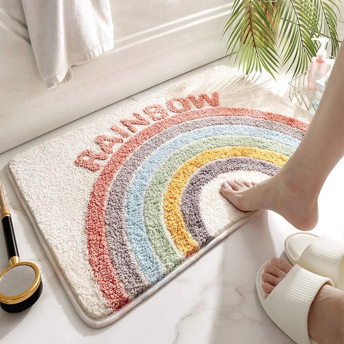 RAKUGEN バスマット 虹色 - フェイクカシミヤ お風呂マット 40x60cm：吸水 速乾 足拭きマット 柔らかい 滑り止め 厚手 洗える 北欧