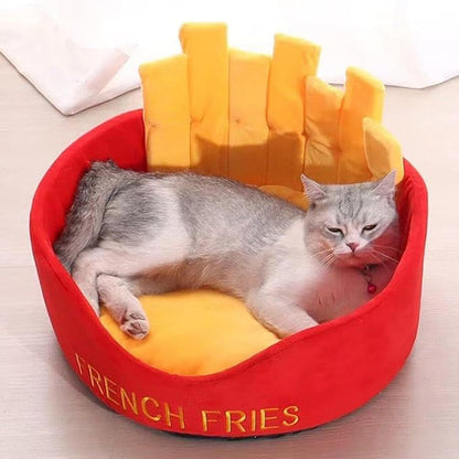 RAKUGEN フライドポテト型 ペットベッド 猫・小型犬用｜もこもこ丸型ハウス 水洗い可能 滑り止め底面 保温防寒 通年使用