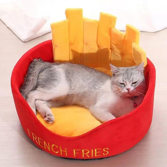 RAKUGEN フライドポテト型 ペットベッド 猫・小型犬用｜もこもこ丸型ハウス 水洗い可能 滑り止め底面 保温防寒 通年使用