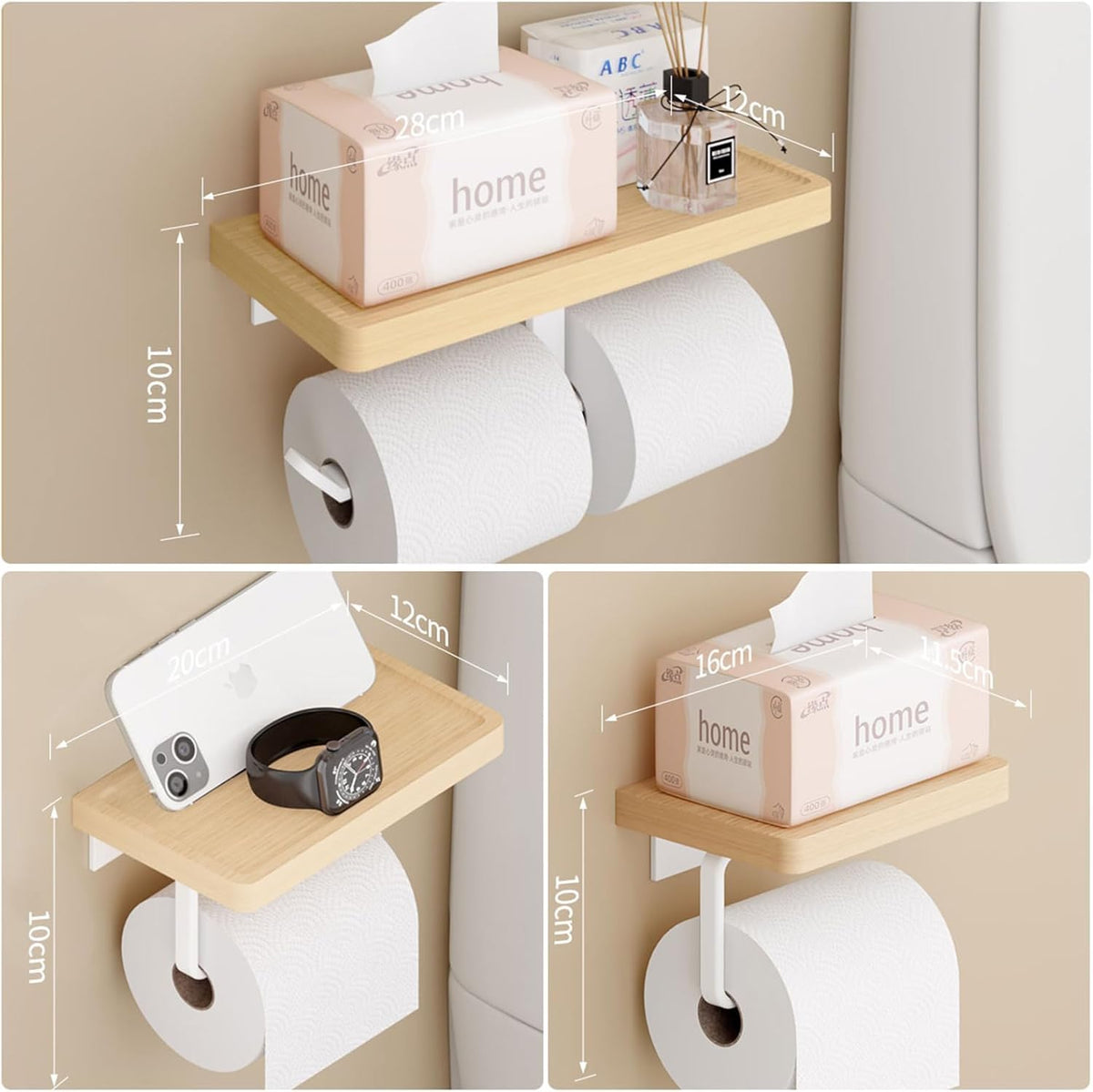 RAKUGEN トイレットペーパーホルダー 天然木天板×304ステンレス｜スマホ置き棚付 穴あけ不要/ネジ固定両対応 北欧風