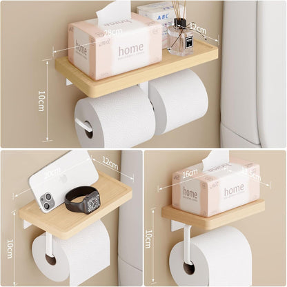 RAKUGEN トイレットペーパーホルダー 天然木天板×304ステンレス｜スマホ置き棚付 穴あけ不要/ネジ固定両対応 北欧風