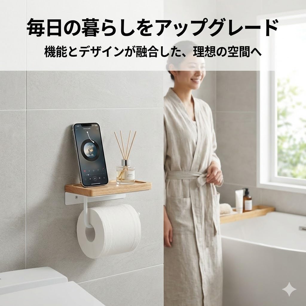 RAKUGEN トイレットペーパーホルダー 天然木天板×304ステンレス｜スマホ置き棚付 穴あけ不要/ネジ固定両対応 北欧風