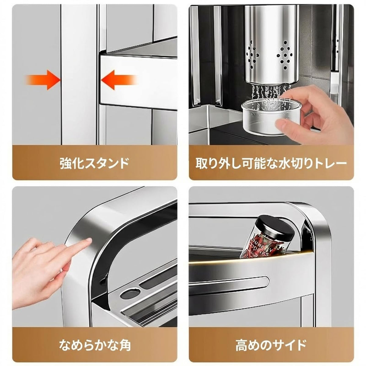 RAKUGEN コーナーラック 扇形構造 おしゃれ 三角コーナーラック 3段 ステンレス製 キッチン収納 スリムデザイン 隙間活用 小物置き台 サビに