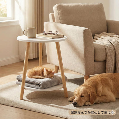 RAKUGEN 丸型サイドテーブル 2段収納付き｜ガタつき防止アジャスター付 ナイトテーブル ソファ横 カフェテーブル
