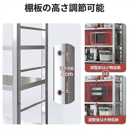 RAKUGEN キッチンワゴン ステンレス鋼 大型 4段 シルバー キャスター付き バスケット3個付 簡単組立 収納棚 サービスカート 調味料ラック